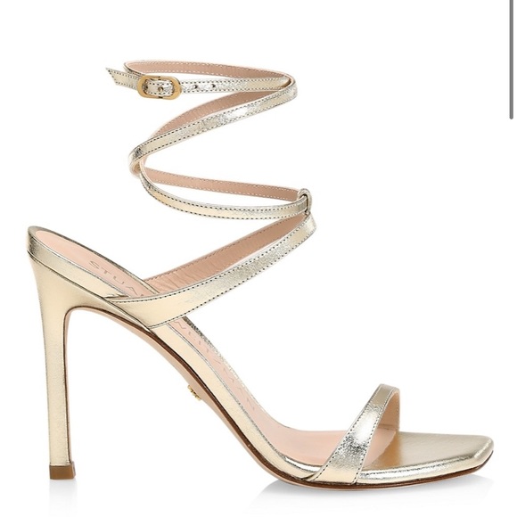 Stuart Weitzman Ellsie Ankle-Wrap Metallic Leather Sandals - Picture 2 of 6